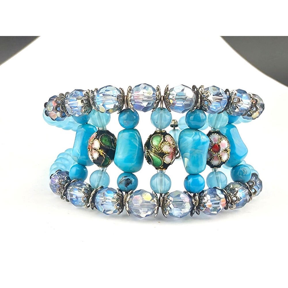 Chunky Vintage Juicy Blue Lucite & Cloisonne Beads Cuff 7" Bracelet